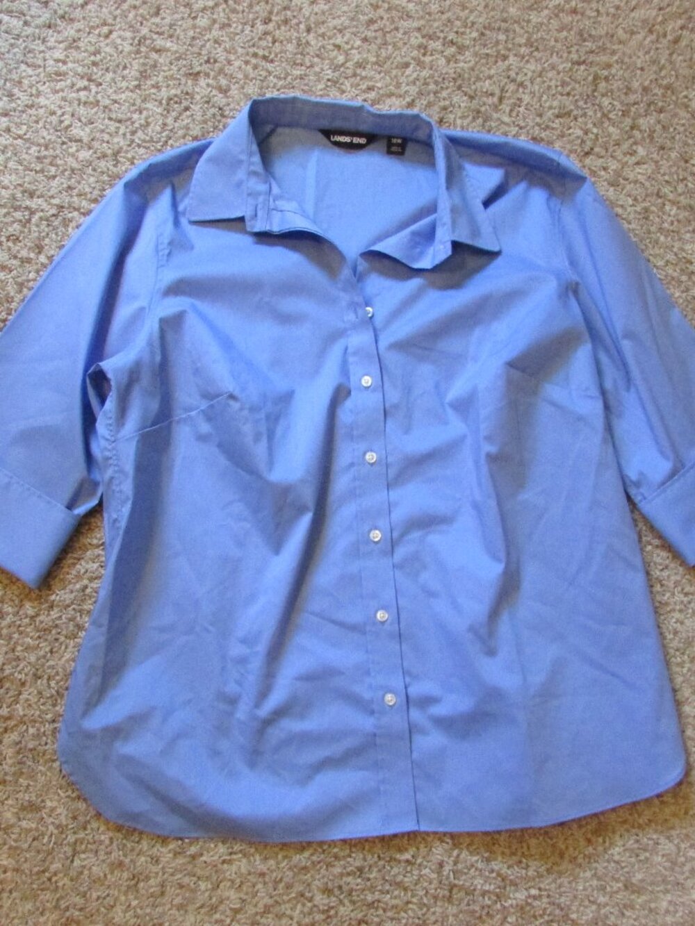 NWOT Lands' End 18W 3/4 Sleeve Button Down Shirt Cornflower Blue Cotton Blend